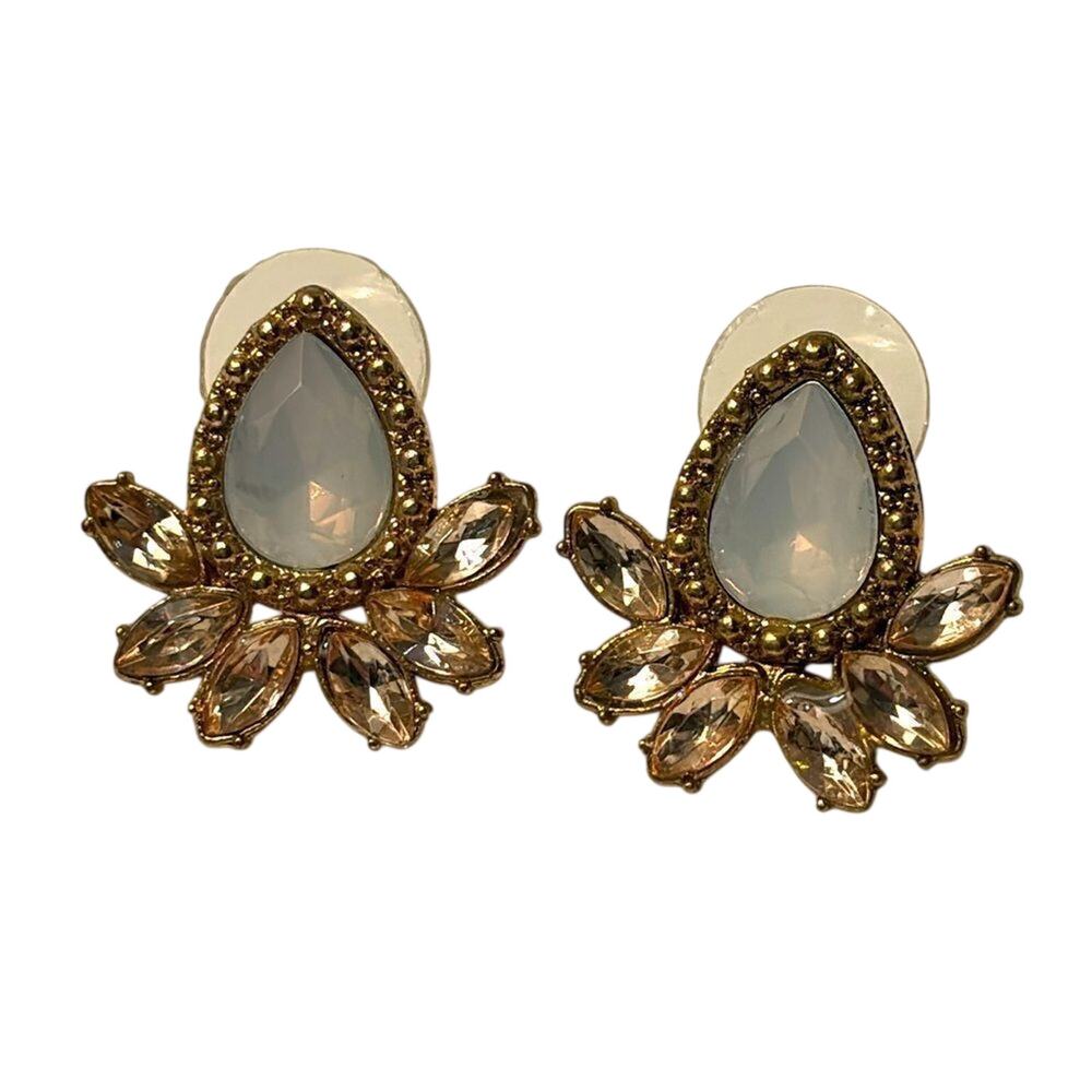 Light Blue Blush Rhinestone Earrings Gold Tone Teardrop Statement Studs